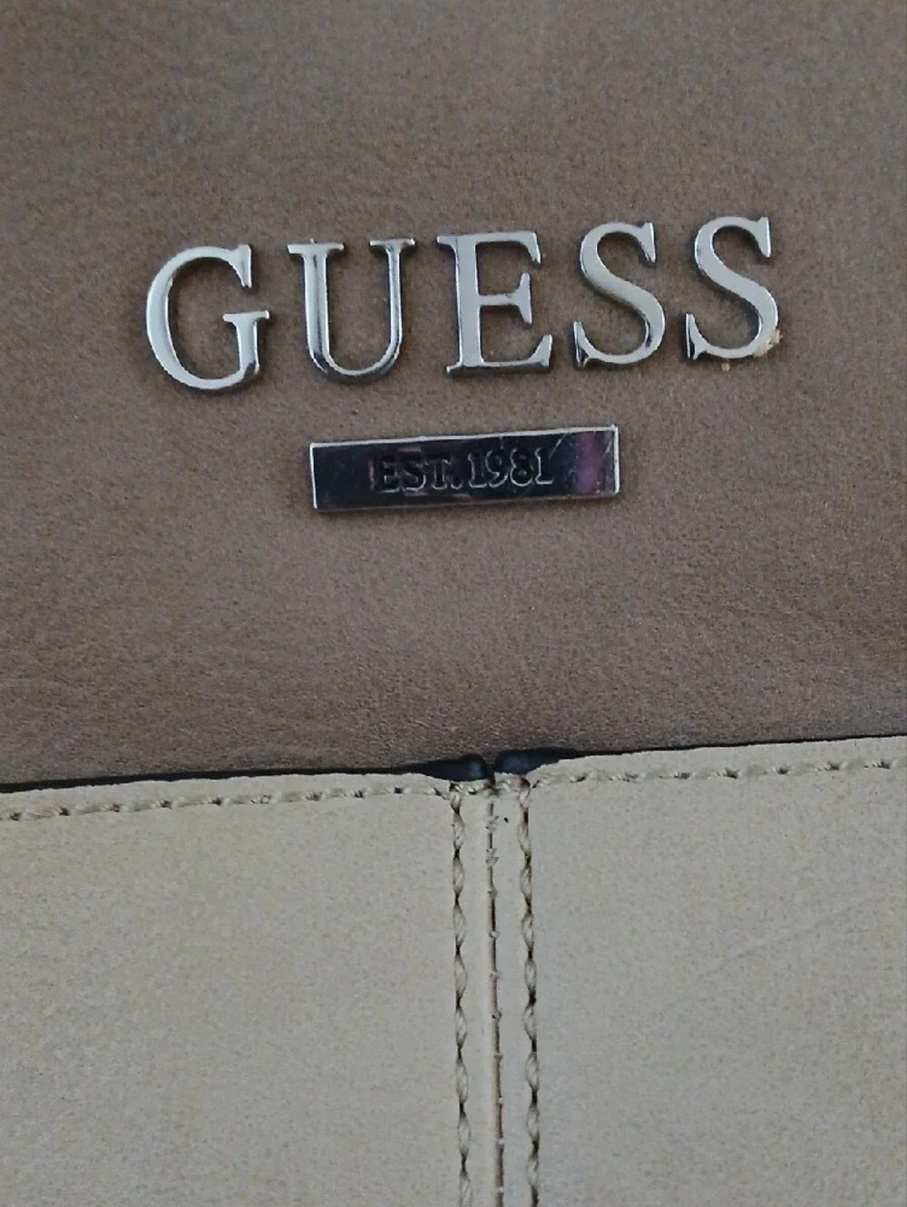 Vintage GUESS Two-Tone Taupe and Cream Tote with Heart Charm